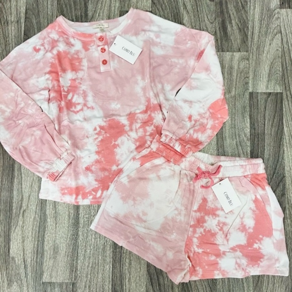 NEW! COMO BLU Loungewear Pajama Set Long Sleeve Top Shorts Pinky Pink M 2X